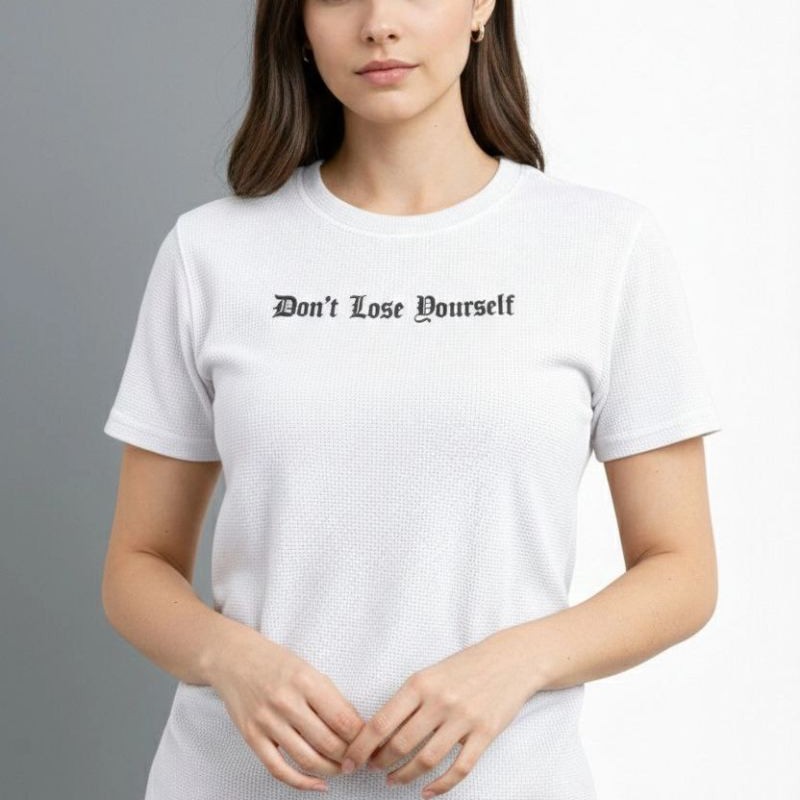 Kadın Wafıl Kumaş Tişört Regular Kalıp Bisiklet Yaka Baskılı T-Shirt - Beyaz