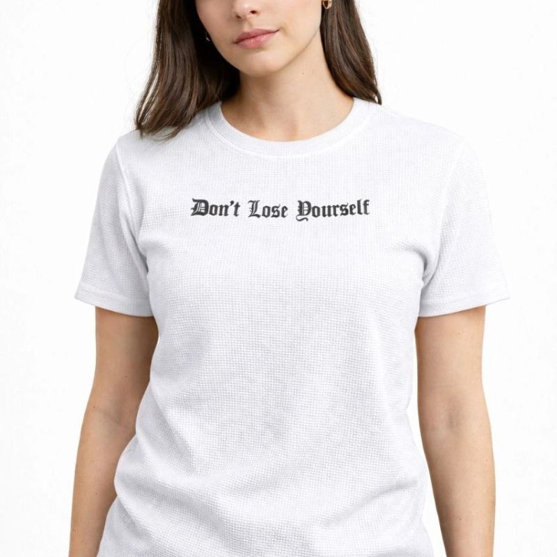 Kadın Wafıl Kumaş Tişört Regular Kalıp Bisiklet Yaka Baskılı T-Shirt - Beyaz
