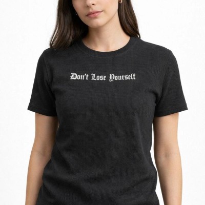 Kadın Wafıl Kumaş Tişört Regular Kalıp Bisiklet Yaka Baskılı T-Shirt - Siyah