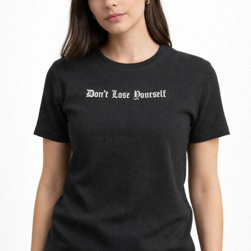 Kadın Wafıl Kumaş Tişört Regular Kalıp Bisiklet Yaka Baskılı T-Shirt - Siyah