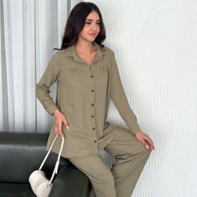 Kadın Yakalı Düğmeli Uzun Kollu Gömlek Pantolon ikili Takım - Bej