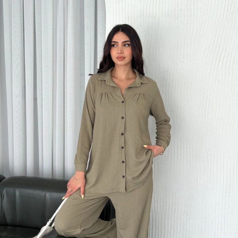 Kadın Yakalı Düğmeli Uzun Kollu Gömlek Pantolon ikili Takım - Bej