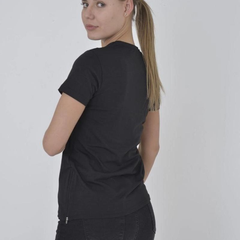 Kadın Yanlardan Fermuarlı T-Shirt Kısa Kol Bisiklet Yaka Slimfit Tişört  - Siyah