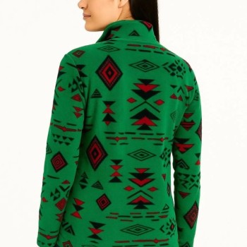 Kadın Yarım Fermuarlı Desenli Polar Sweat Tribal Etnik Desen Yakalı Uzun Kollu - Yeşil