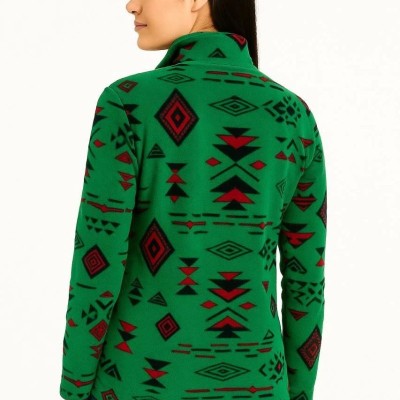 Kadın Yarım Fermuarlı Desenli Polar Sweat Tribal Etnik Desen Yakalı Uzun Kollu - Yeşil