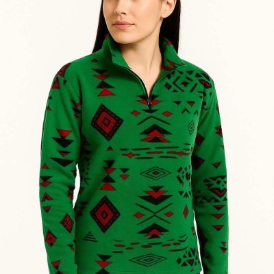 Kadın Yarım Fermuarlı Desenli Polar Sweat Tribal Etnik Desen Yakalı Uzun Kollu - Yeşil