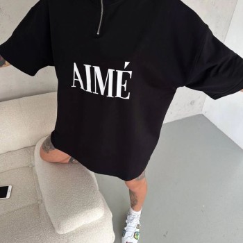 Kadın Yarım Fermuarlı Tişört Baskılı T-Shirt - Siyah