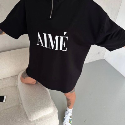 Kadın Yarım Fermuarlı Tişört Baskılı T-Shirt - Siyah