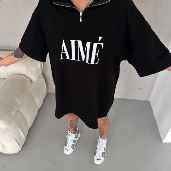 Kadın Yarım Fermuarlı Tişört Baskılı T-Shirt - Siyah