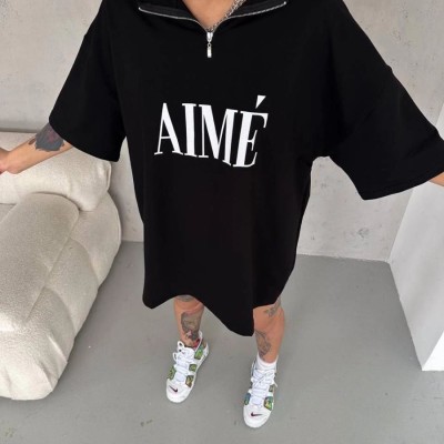 Kadın Yarım Fermuarlı Tişört Baskılı T-Shirt - Siyah
