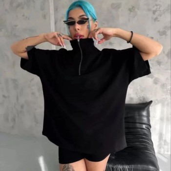 Kadın Yarım Fermuarlı Tişört Düz Oversize T-Shirt - Siyah