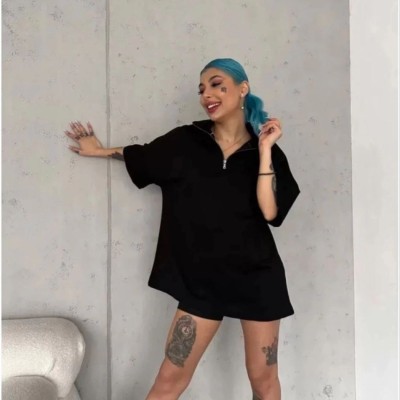Kadın Yarım Fermuarlı Tişört Düz Oversize T-Shirt - Siyah
