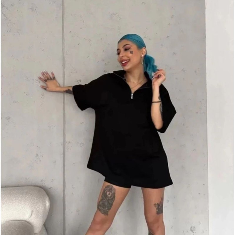 Kadın Yarım Fermuarlı Tişört Düz Oversize T-Shirt - Siyah