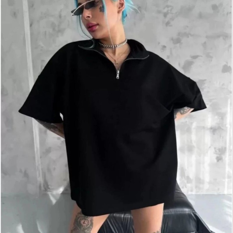 Kadın Yarım Fermuarlı Tişört Düz Oversize T-Shirt - Siyah