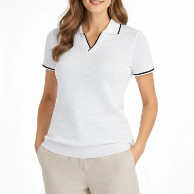 Kadın Yazlık Dokuma Triko Tişört Düğmesiz Polo Yaka Kısa Kol T-Shirt - Beyaz