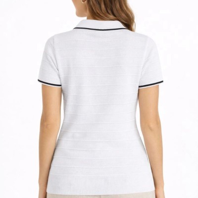 Kadın Yazlık Dokuma Triko Tişört Düğmesiz Polo Yaka Kısa Kol T-Shirt - Beyaz