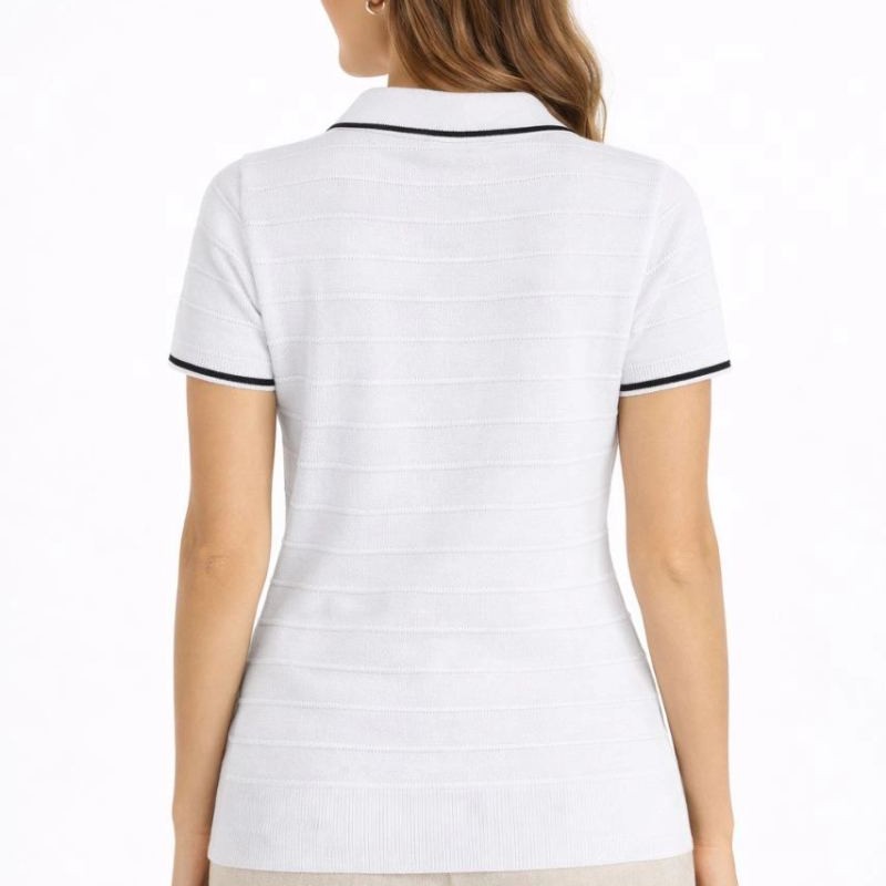 Kadın Yazlık Dokuma Triko Tişört Düğmesiz Polo Yaka Kısa Kol T-Shirt - Beyaz