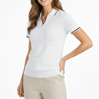 Kadın Yazlık Dokuma Triko Tişört Düğmesiz Polo Yaka Kısa Kol T-Shirt - Beyaz