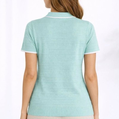 Kadın Yazlık Dokuma Triko Tişört Düğmesiz Polo Yaka Kısa Kol T-Shirt - Mint Yeşili