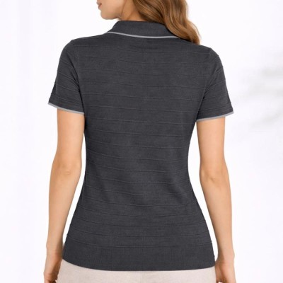 Kadın Yazlık Dokuma Triko Tişört Düğmesiz Polo Yaka Kısa Kol T-Shirt - Siyah