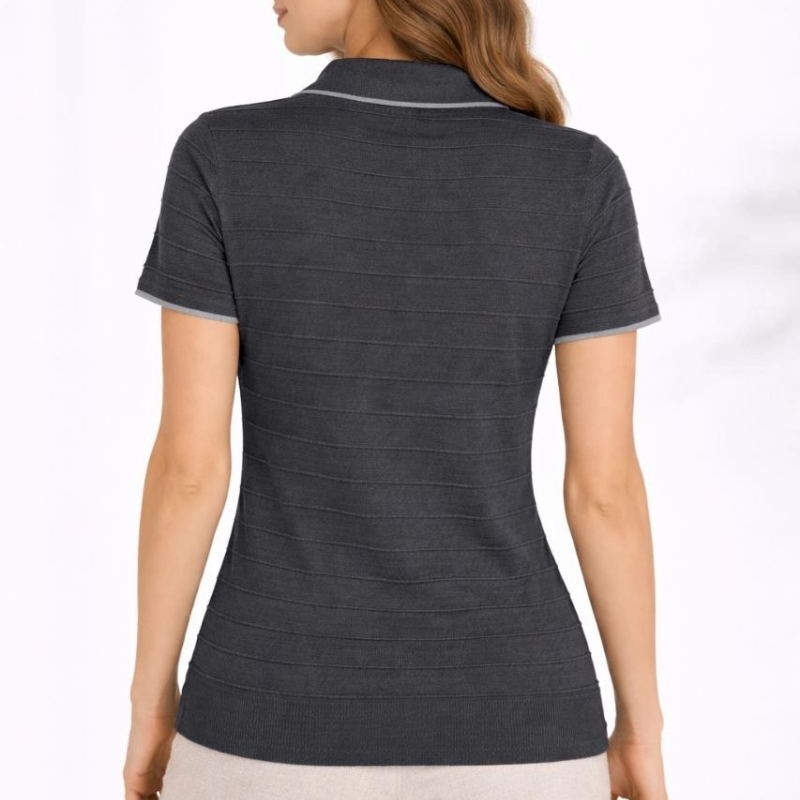 Kadın Yazlık Dokuma Triko Tişört Düğmesiz Polo Yaka Kısa Kol T-Shirt - Siyah