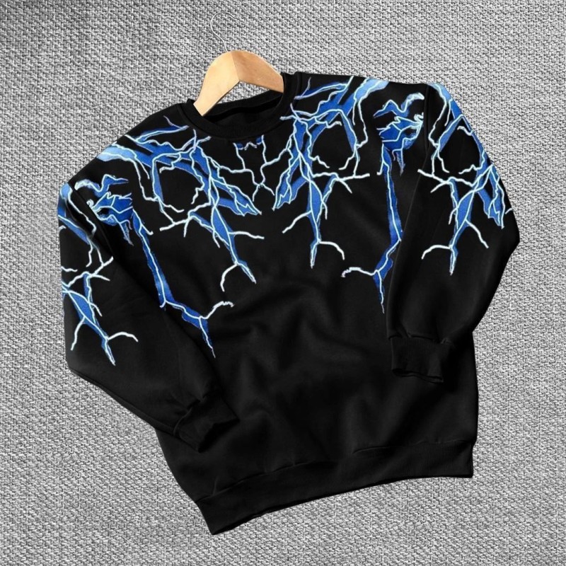 Kadın Yıldırım Baskılı Bisiklet Yaka 3 iplik pamuklu Sweatshirt - Siyah