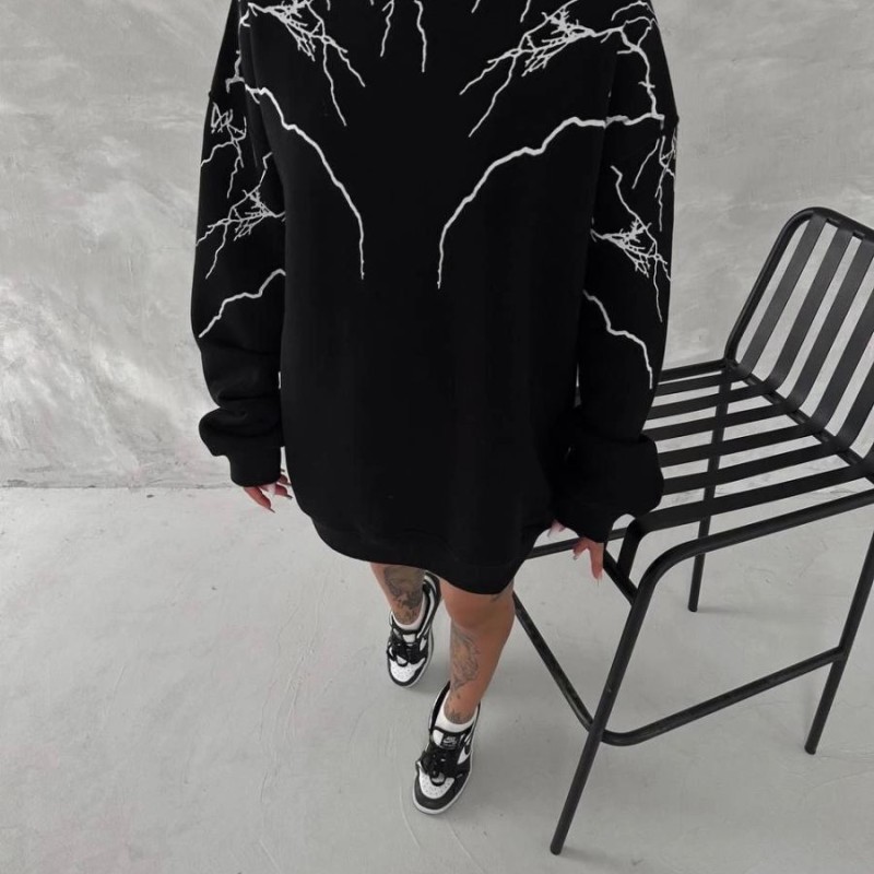 Kadın Yıldırım Baskılı Bisiklet Yaka 3 iplik pamuklu SweatShirt - Siyah