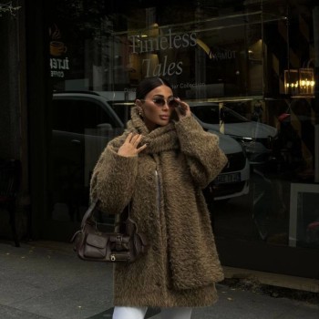 Kadın Yün Cıkartılabilen Atkılı , Kaban İkili Takım - Kahve