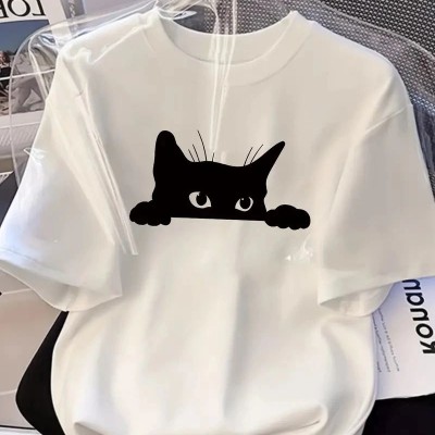 Kadınlar için Siyah Kedi Grafik Tişört - Oversize Kısa Kollu Üst Nefes Alabilir - Beyaz