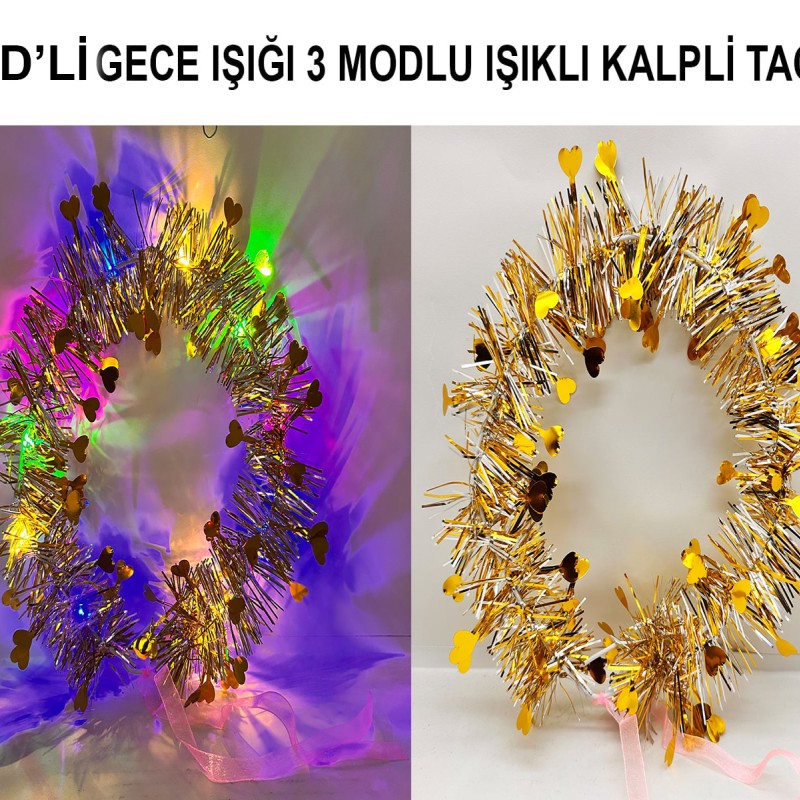 Kalp Püsküllü 3 Modlu LED Işıklı Taç Altın Renk