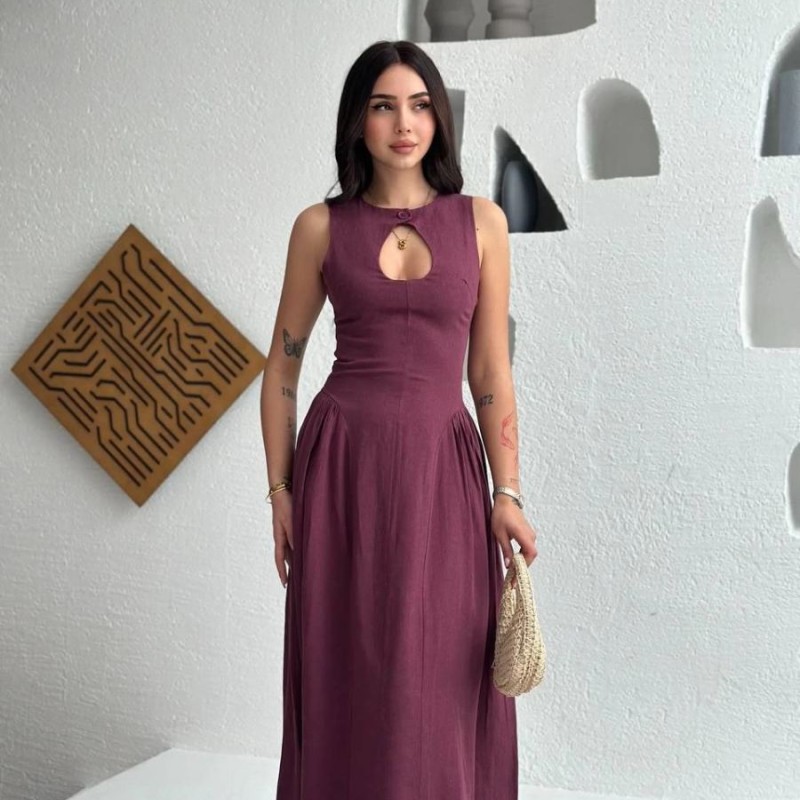 Kolsuz Uzun Kabardin Elbise - Bordo