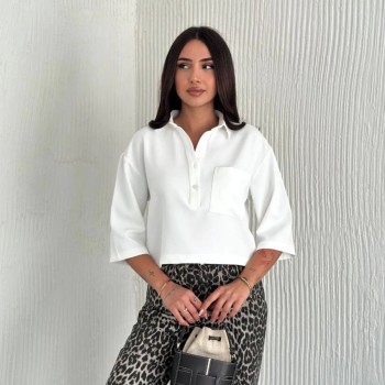 Krep Kadın Crop Yakalı Gömlek İlik Düğmeli Üç Çeyrek Sleeve Kol - Beyaz