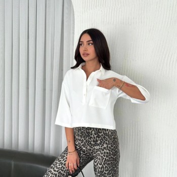 Krep Kadın Crop Yakalı Gömlek İlik Düğmeli Üç Çeyrek Sleeve Kol - Beyaz