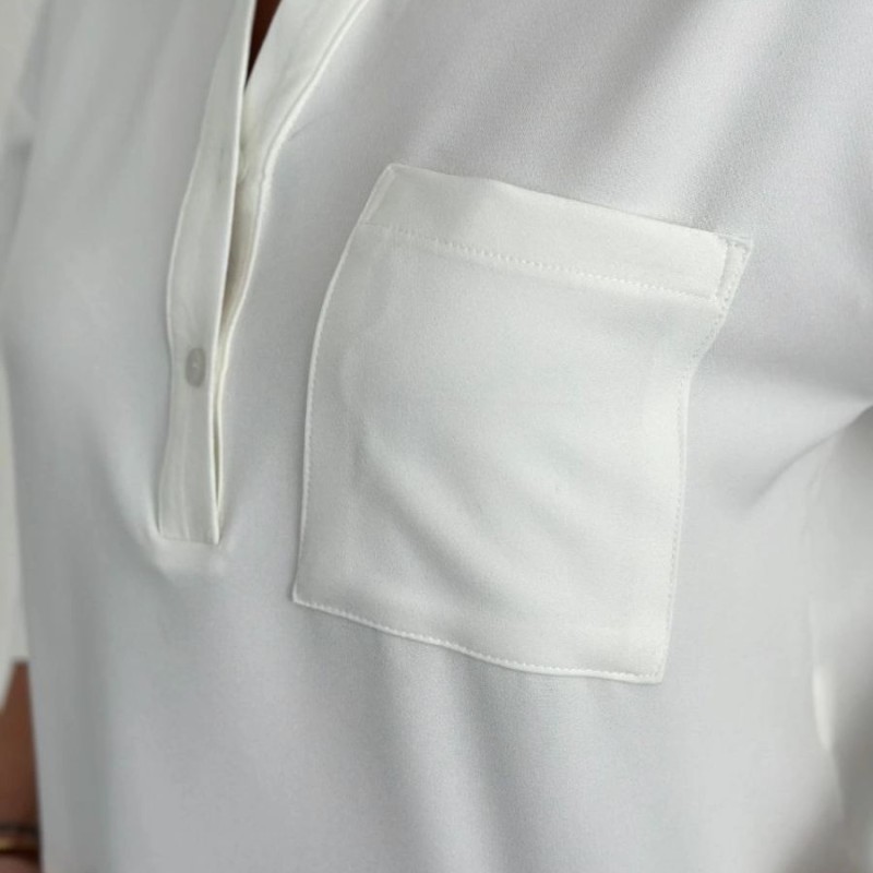 Krep Kadın Crop Yakalı Gömlek İlik Düğmeli Üç Çeyrek Sleeve Kol - Beyaz