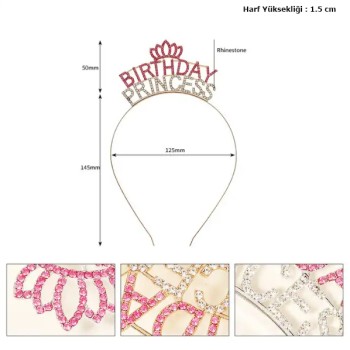 Kristal Taşlı Birthday Princess Yazılı Parti Tacı Pembe Renk 