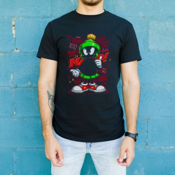 Marvin the Martian Graffiti Baskılı Unisex Siyah Tişört - 24/1 Penye Pamuklu