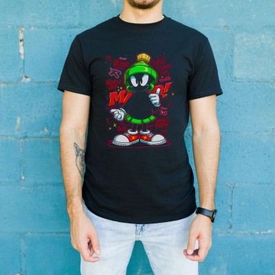 Marvin the Martian Graffiti Baskılı Unisex Siyah Tişört - 24/1 Penye Pamuklu