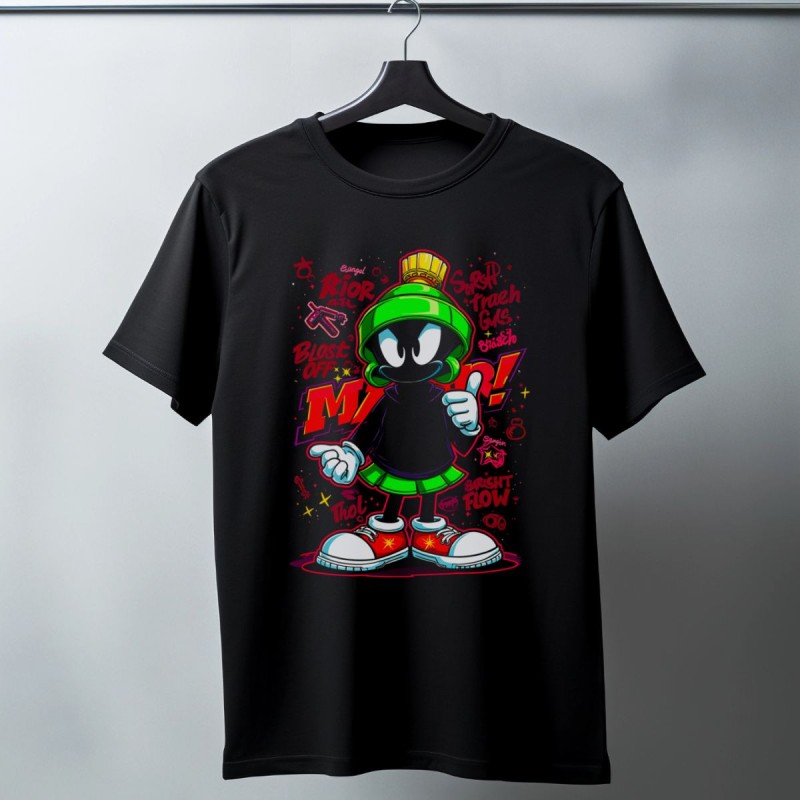 Marvin the Martian Graffiti Baskılı Unisex Siyah Tişört - 24/1 Penye Pamuklu