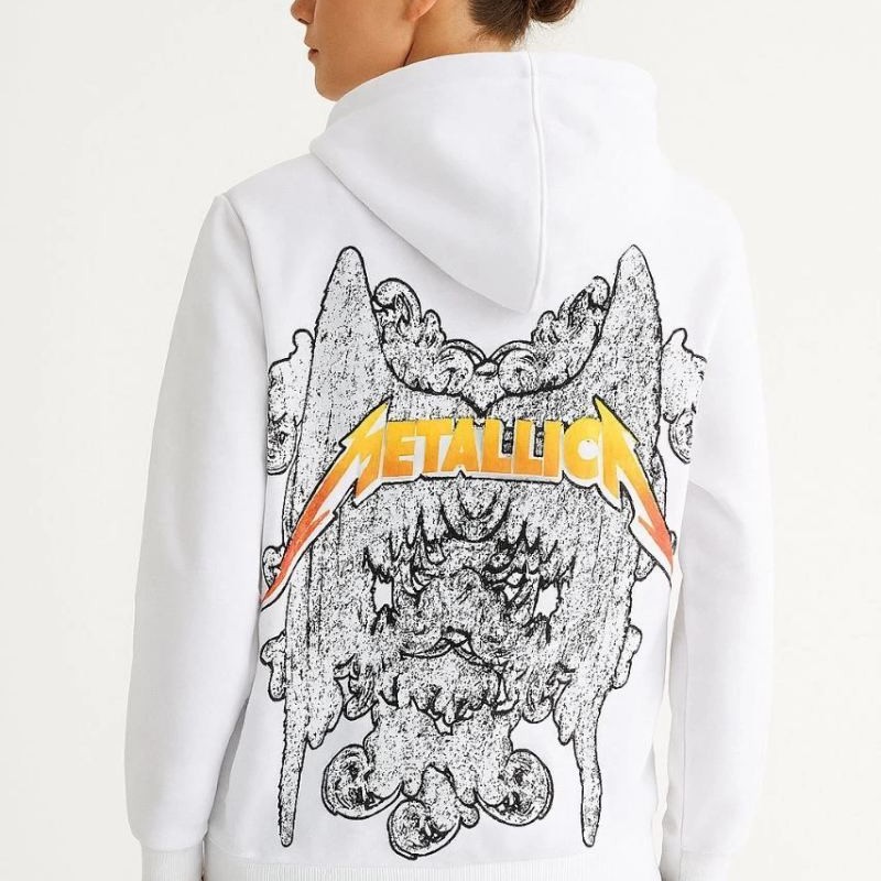 Metallica İki İplik Kapüşonlu Ön ve Arka Baskılı hoodie - Beyaz