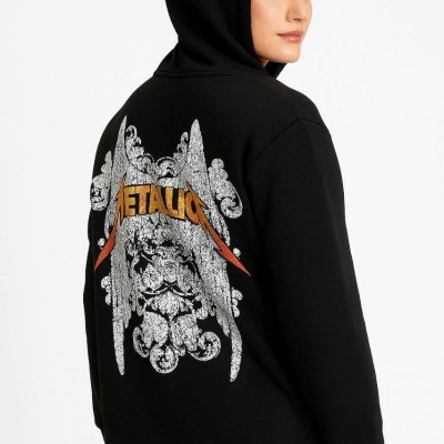Metallica İki İplik Kapüşonlu Ön ve Arka Baskılı hoodie - Siyah
