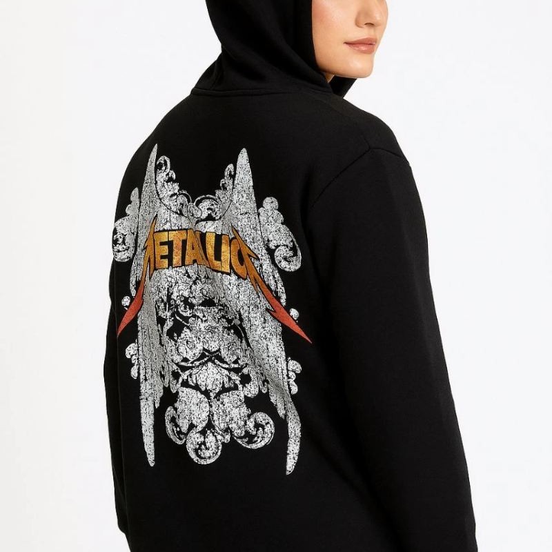Metallica İki İplik Kapüşonlu Ön ve Arka Baskılı hoodie - Siyah