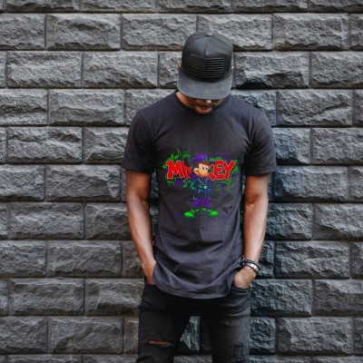 Mickey Mouse Graffiti Baskılı Unisex Siyah Oversize Tişört - 24/1 Penye
