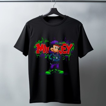 Mickey Mouse Graffiti Baskılı Unisex Siyah Oversize Tişört - 24/1 Penye