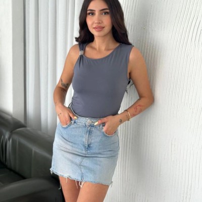 Osy Modal Yumuşak Dokulu Bisiklet Yaka Kadın Sıfır Kol Bluz Omuz Toka Aksesuar - Antrasit