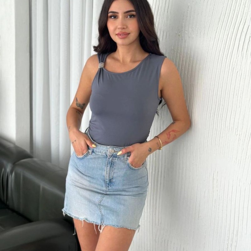 Osy Modal Yumuşak Dokulu Bisiklet Yaka Kadın Sıfır Kol Bluz Omuz Toka Aksesuar - Antrasit