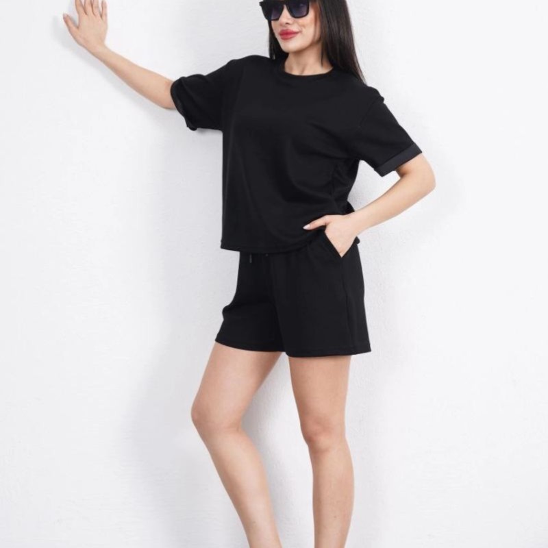 Osy Modal yumuşak dokulu Kumaş Kadın Bisiklet Yaka T-shirt Kısa Şort İkili Takım - Siyah