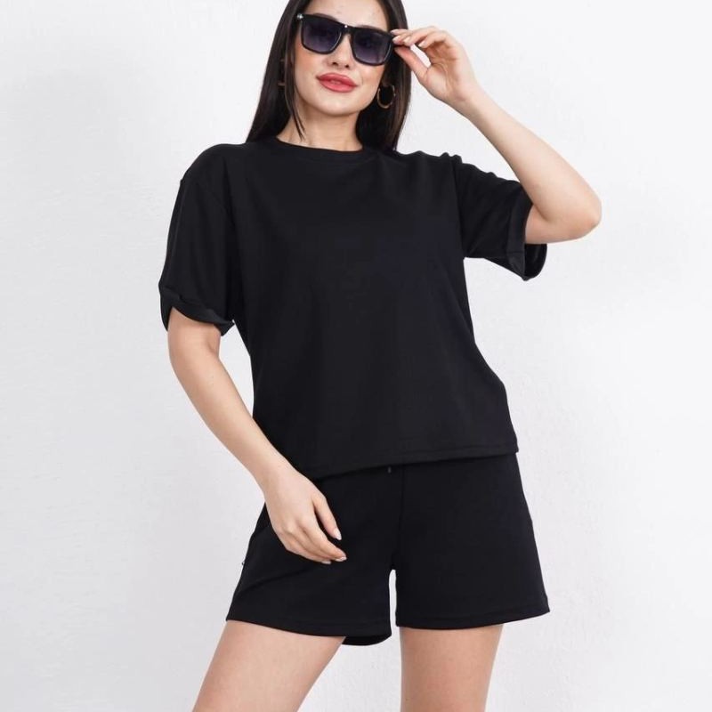 Osy Modal yumuşak dokulu Kumaş Kadın Bisiklet Yaka T-shirt Kısa Şort İkili Takım - Siyah
