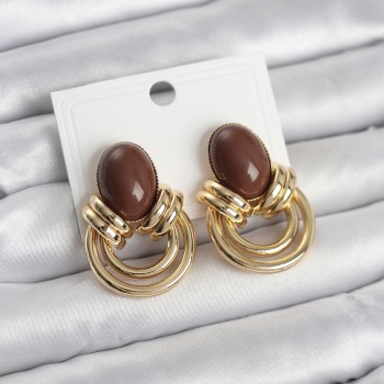 Pirinç Gold Renk Kahverengi Taşlı Vintage Kadın Küpe