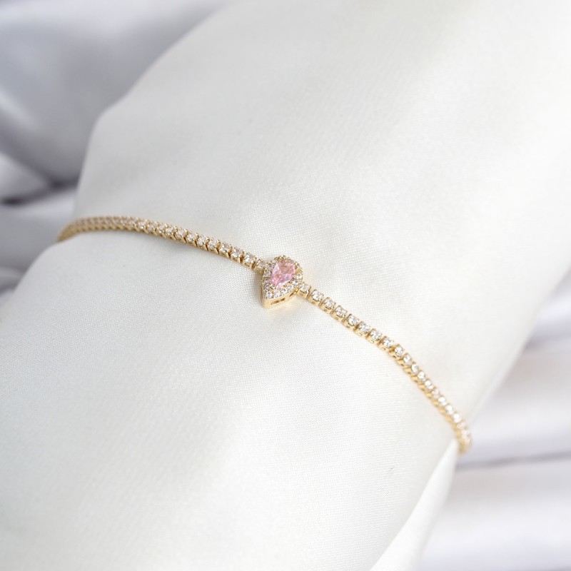 Pirinç Gold Renk Pembe Damla Model Su Yolu Kadın Bileklik