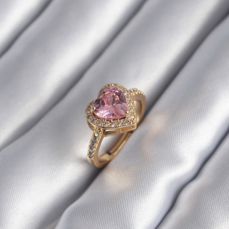 Pirinç Gold Renk Pembe Zirkon Taşlı Charm Kalp Model Kadın Yüzük